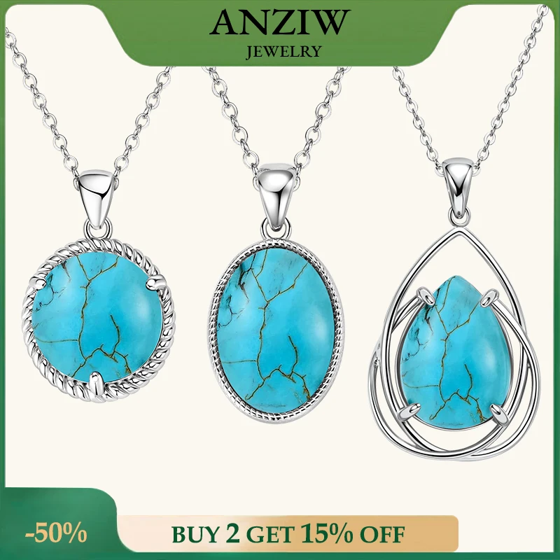 

Vintage Oval Round Pear Cut Artificial Turquoise Pendant Necklace for Women 925 Silver Blue Turquoise Gemstone Waterdrop Pendant