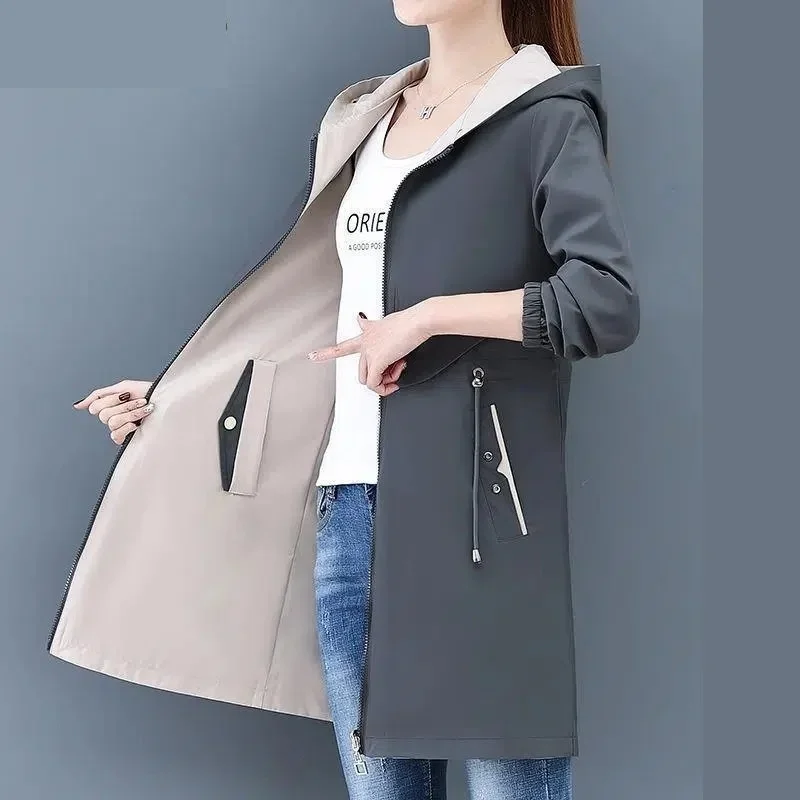 Chaqueta cortavientos con capucha para mujer, abrigo básico informal de dos lados, gabardina de longitud media, prendas de vestir B20, novedad de otoño, 2024