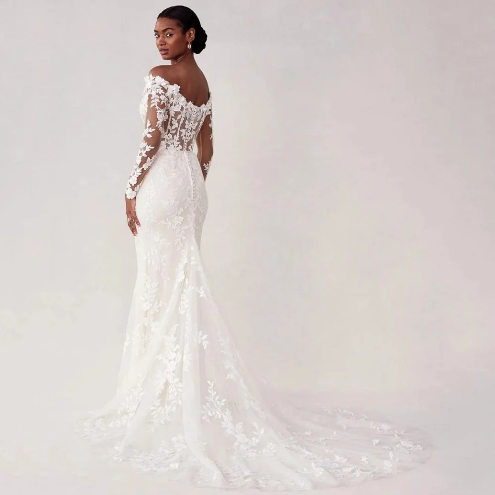 맞춤형 럭셔리 레이스 웨딩 드레스 브이 넥 인어 신부 드레스 오프 숄더 긴 소매 신부 드레스 Vestidos De Novia