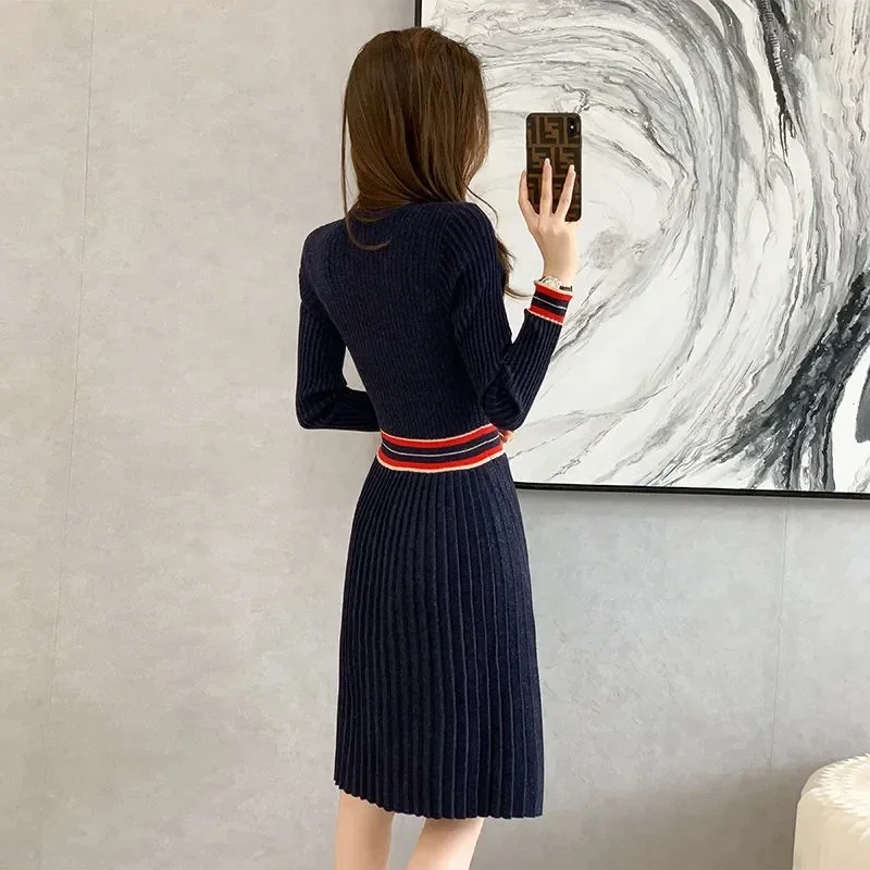 Vintage Striped Design Pleated Sweater Women Korean Round Neck Long Sleeve Knitted A-Line Dresses Elegant Luxury J111