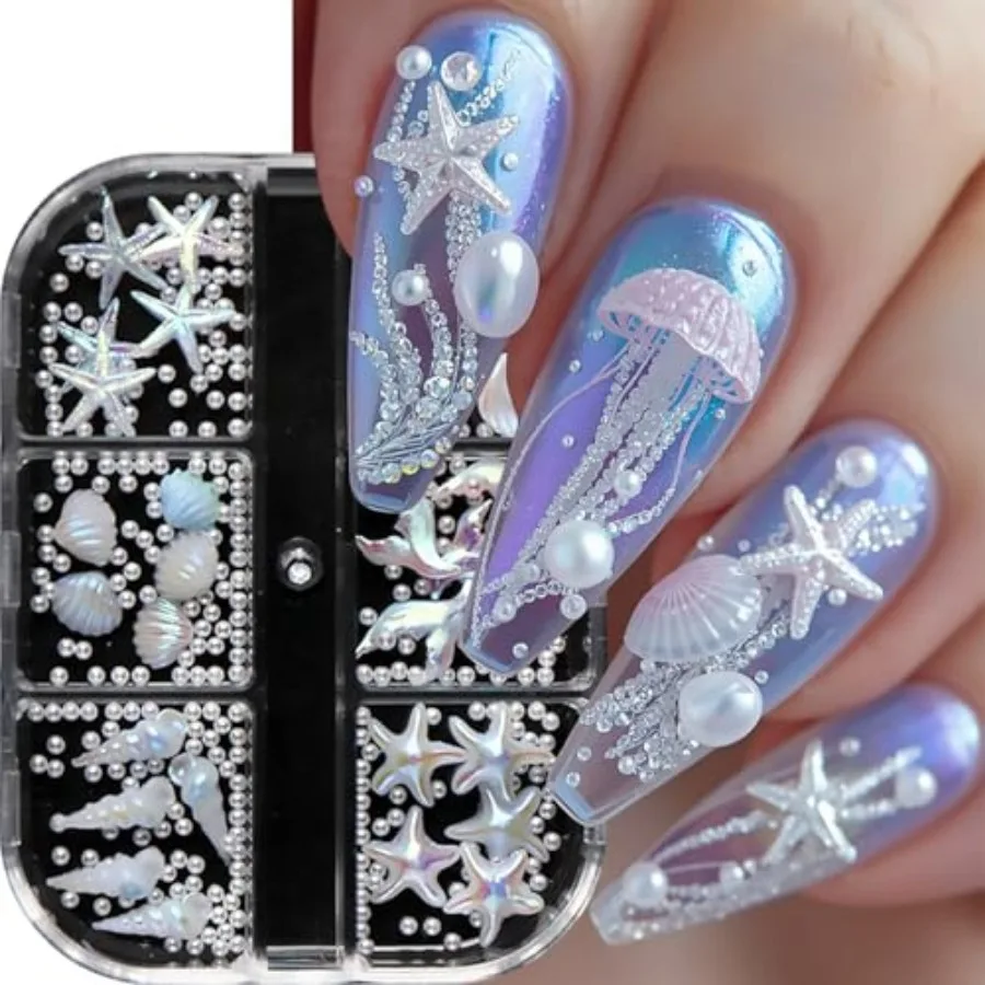

6 Grids Summer Beach Nail Charms 3D Resin Laser Starfish Shell Nail Art Charms Mini Pearls Nail Rhinestones Summer Nail Jewelry