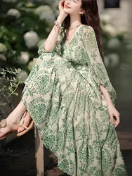French floral dress summer fashion women's new lantern sleeve V-neck waist slimming garden wind garden dress small fresh dress