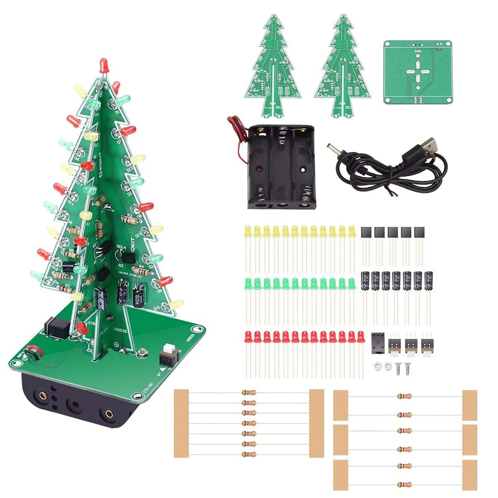 DIY 3D Christmas Tree 3 PCB Soldering Practice Kit Battery/USB Powered Electronic Exercise Kit Easy Installation for DIY Lovers