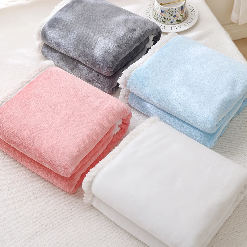 Solid color double-layer blanket, soft and fluffy for comfort, long plush thickened warm air conditioning blanket cover