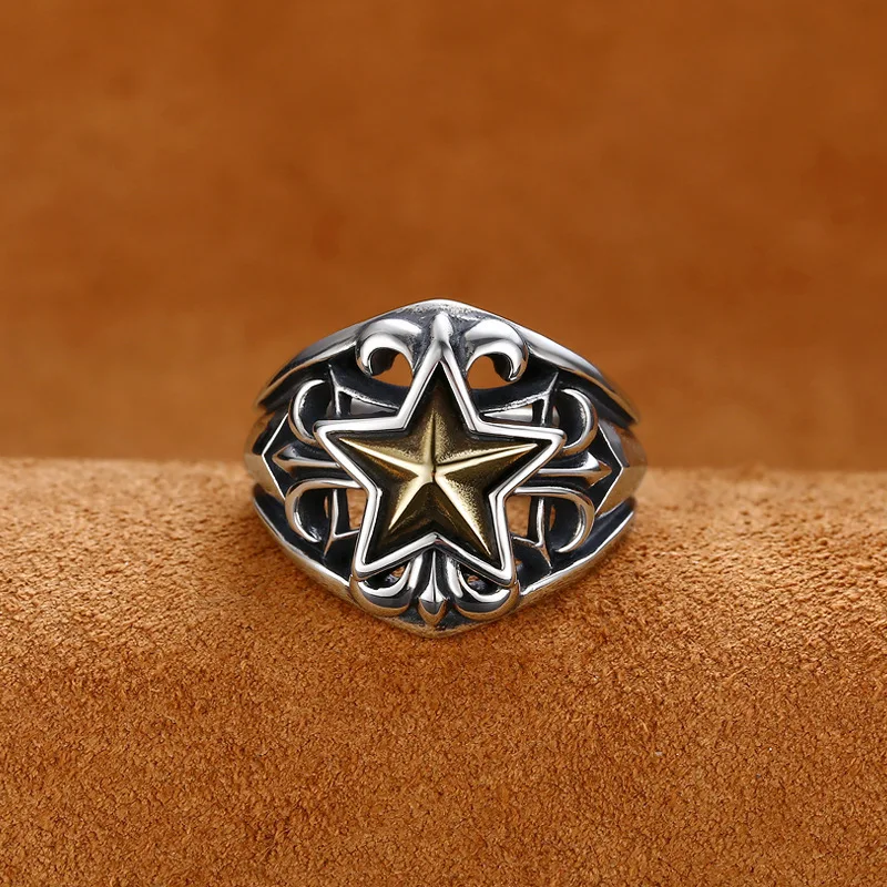 Wholesale s925 sterling silver ring men's five-pointed star boat anchor ring opening Thai silver retro trendy jewelry