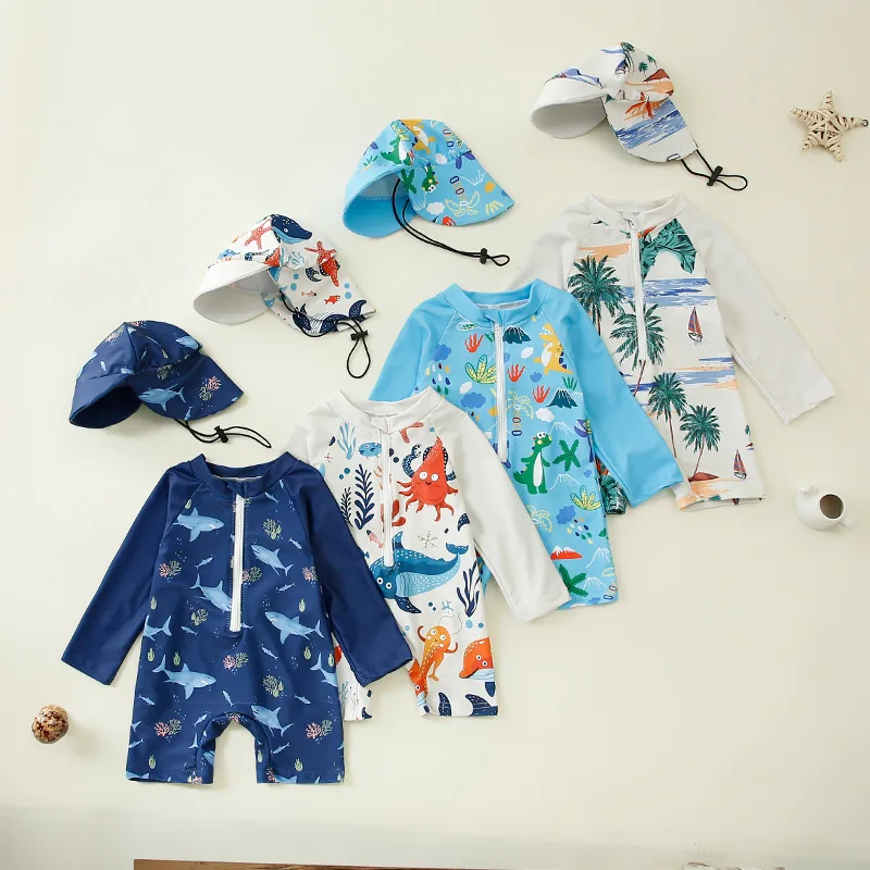 Boys One-piece Swimsuit + Sun Hat Kids Cartoon Shark Whale Print Long Sleeve Sun-protective Surfing Bathing Suit Baby Swimwear