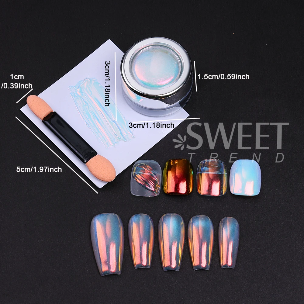 2 ألوان أورورا ضوء القمر مسمار بريق مسحوق قوس قزح مرآة الكروم قزحي الألوان الصباغ الغبار فرك على مسحوق مانيكير الديكور #4
