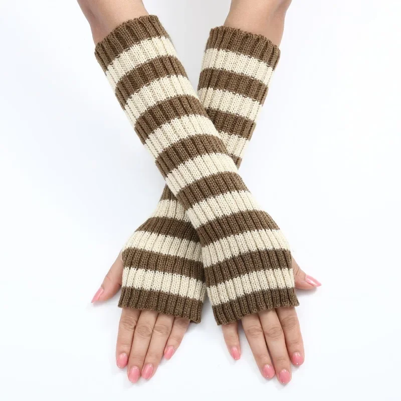 Women's Knitted Fingerless Arm Sleeves Gothic Style Striped Winter Long Arm Warmers Girls Harajuku Y2K Fashion Wrist Gloves