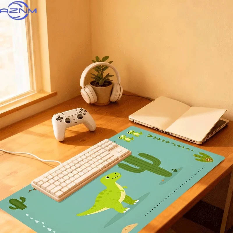 1pc Extra-large, Non-slip, Durable Desk Mat, Mouse Pad, Featuring Dinosaur Near Cactus, Rubber Base, for Office, Computer Decor,