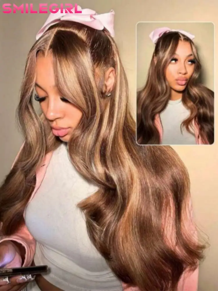 Peluca frontal de encaje de 38 pulgadas con ondas corporales y efecto ombré, cabello humano rubio miel 4/27 rizado, peluca frontal de encaje HD 13x6 para mujeres afroamericanas, pre-arrancada con cabello de bebé