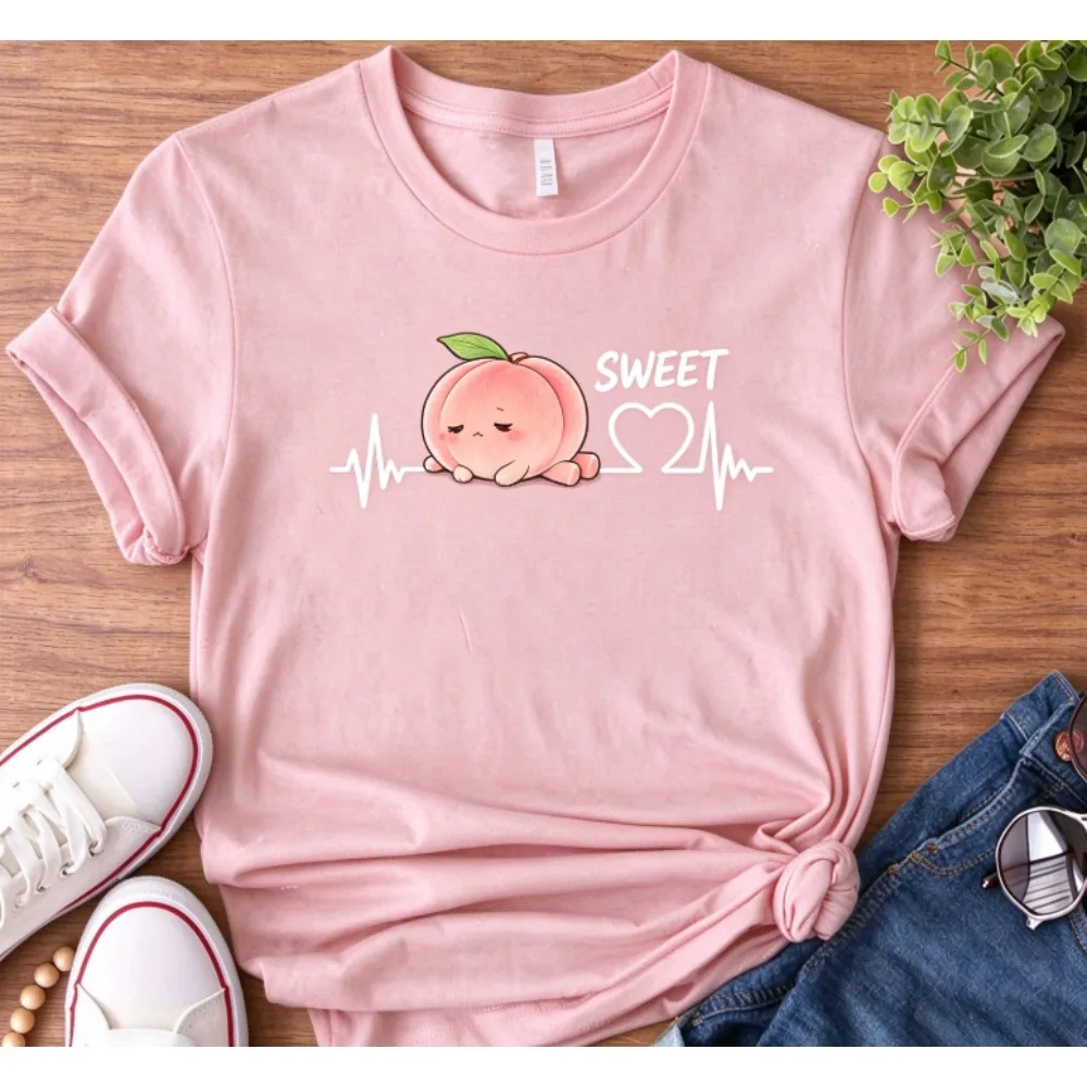 Fruit Heartbeat ECG Graphic T-shirt Women Casual Short Sleeve Tee Cute Cartoon Fruit On Heart Line Print Summer Tops
