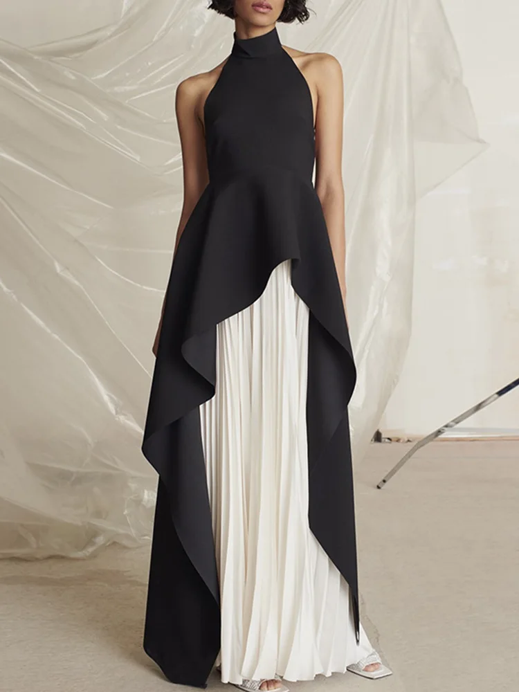 

STUDIO Elegant Long Evening Gown Neckline Color Block Black White Two-Piece Set Fashionable Sleeveless Wedding Party Dress