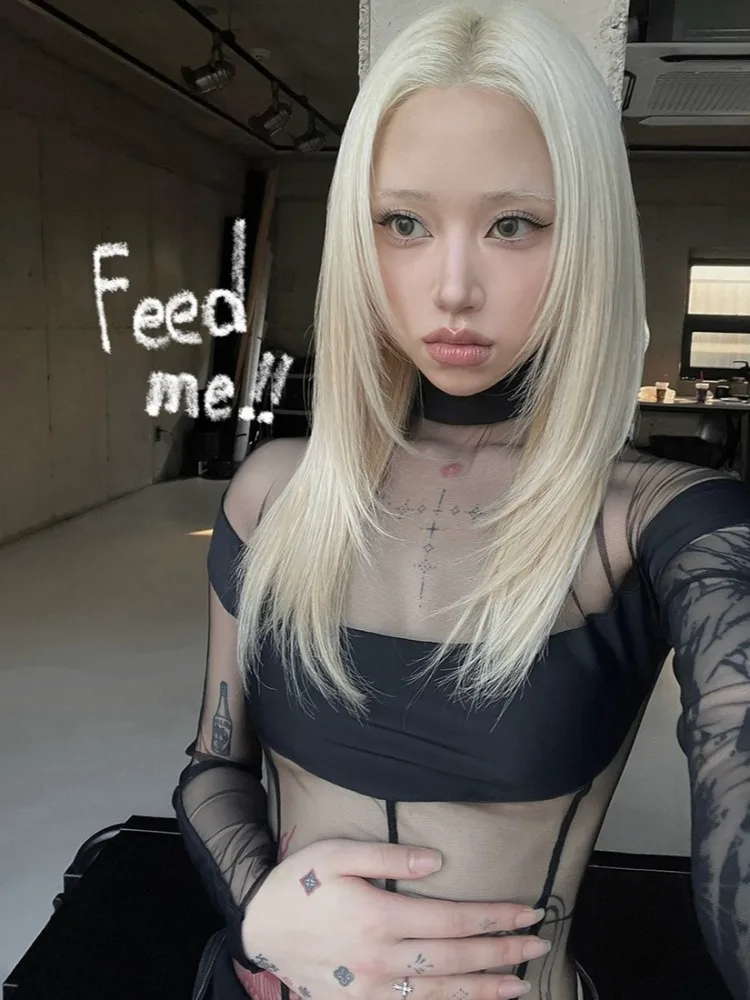 AltGoth مثير انظر من خلال ارتداءها النساء الظلام القوطية الشارع الشهير ايمو البديل الجرونج Y2k طويلة الأكمام س الرقبة عالية الخصر بذلة