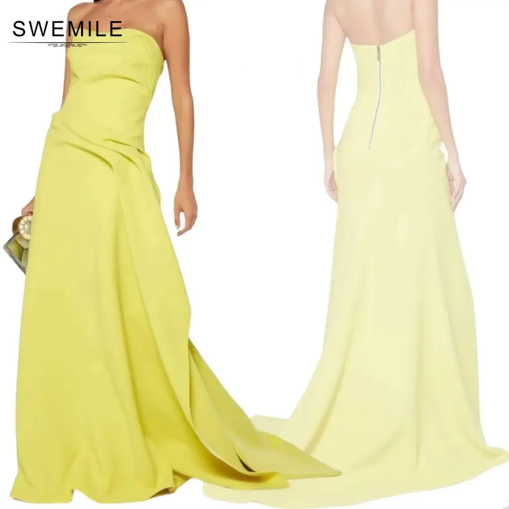 

SWEMILE Yellow A-Line Chiffon Sweetheart Sleeveless Sweep Train Evening Dress Wedding Party Dress Vestidos Para Eventos Especial