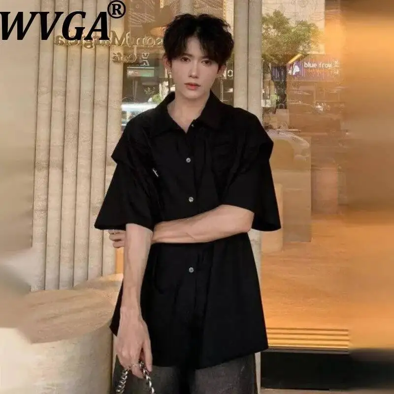 

WVGA Spring Summer New Men Tide Pleated Short Sleeve Shirt Deconstructed Design Trendy Sun-proof Turn-Down Collar Top Ins W23583