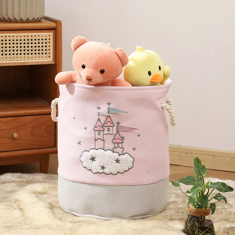 

Large Pink Castle Laundry Basket for Baby Girls Cotton Collapsible Cartoon Nursery Hamper Clothing Toy Storage Bucket Room Decor