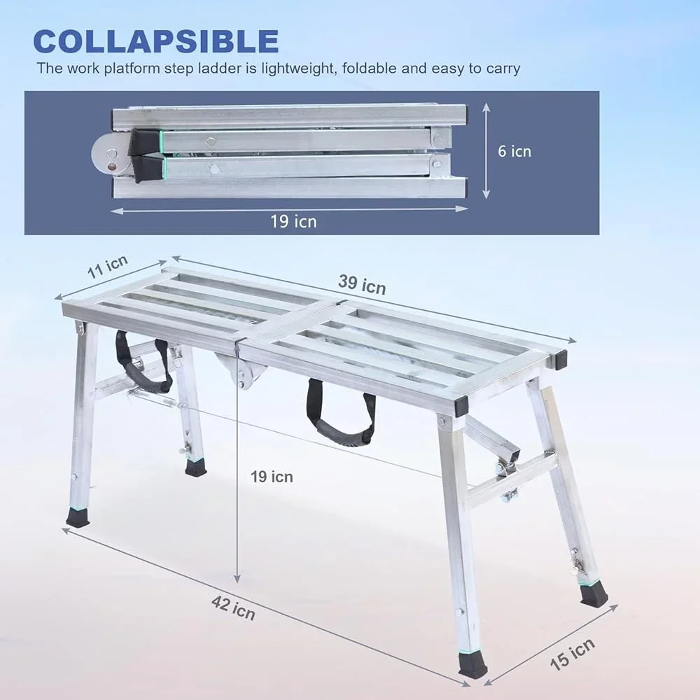 Plataforma de andaime dobrável ajustável, escada de aço portátil, classificação de trabalho de 400lbs, suporte de trabalho de limpeza rv, design antiderrapante