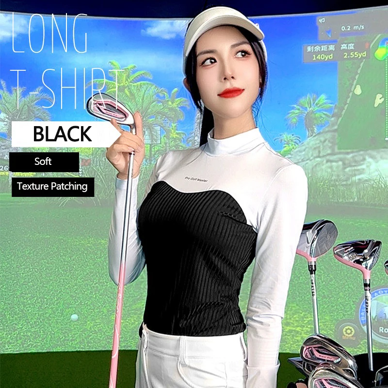 PGM Golf Clothing Women Long Sleeved T-shirt Spring Autumn High Neck Golf Top Patchwork Comfortable Casual Shirts Breathable