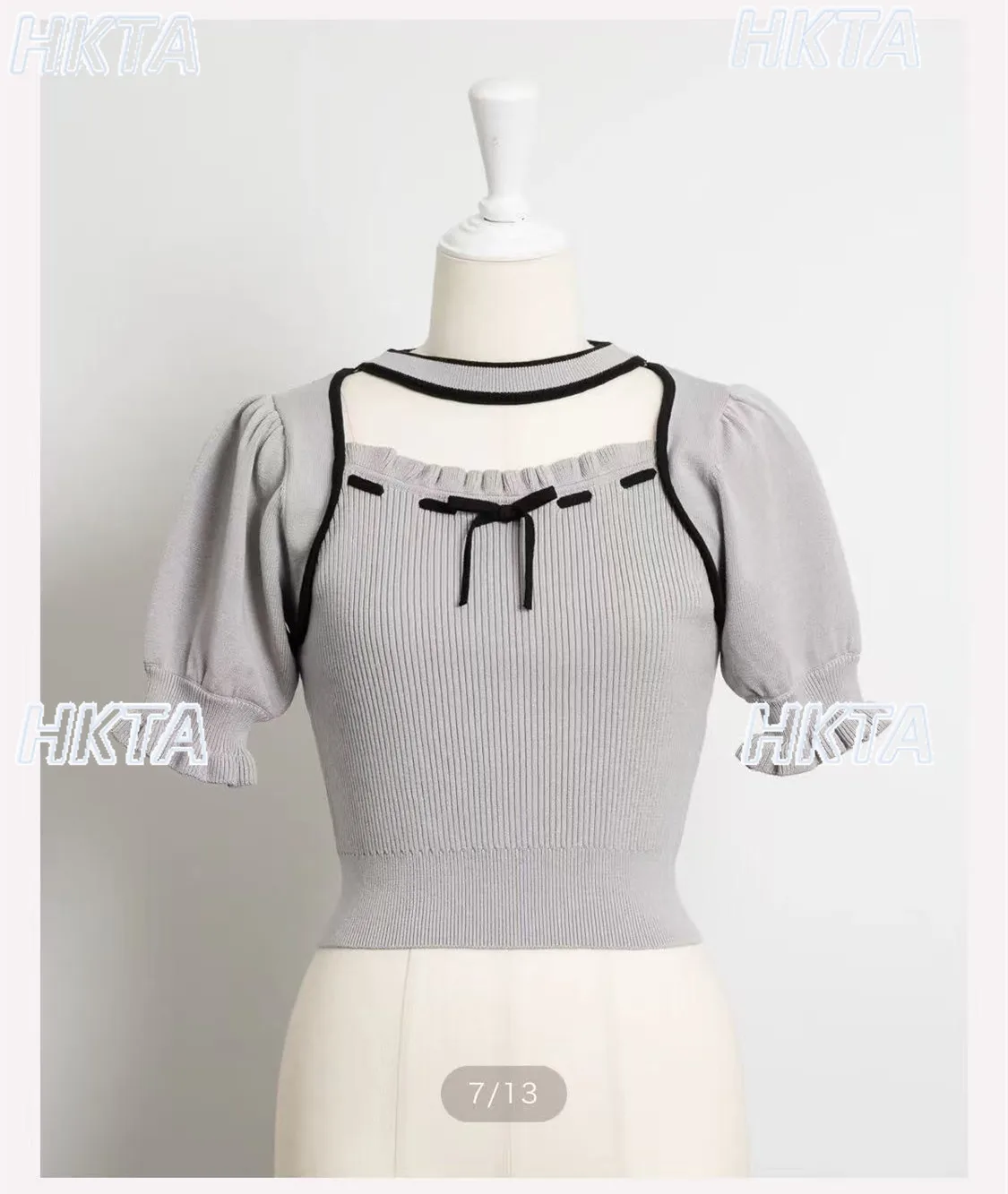Sweet Slim Fit Bubble Short Sleeved Square Neck Bow Vest Fake Two Piece Knitted T Shirts Summer Casual Lolita Tshirt Top Women