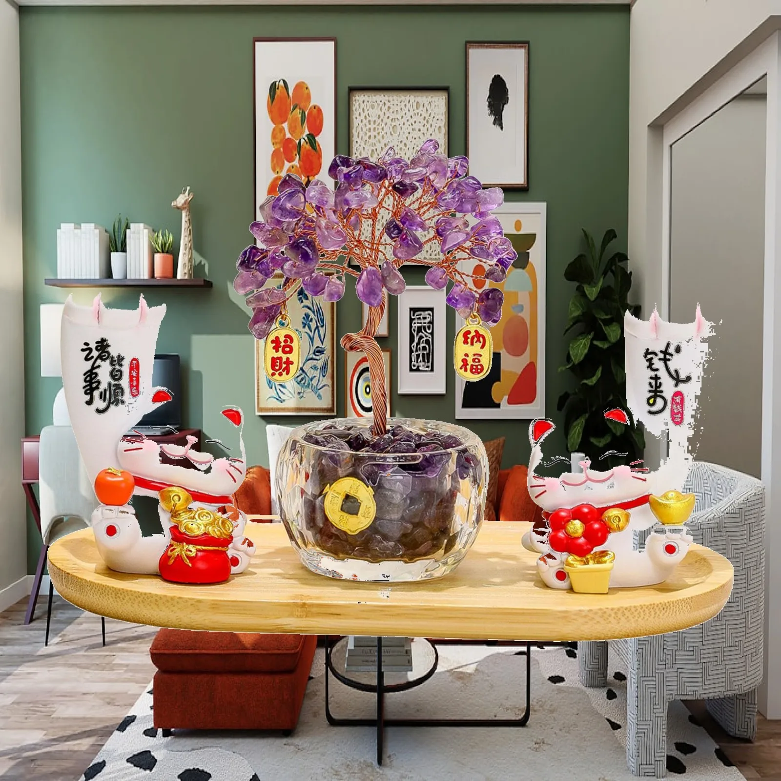 Lucky Cat Ornament Money Tree Combo Wood Resin Desktop Sculpture for Workspace Home Good Luck Decor
