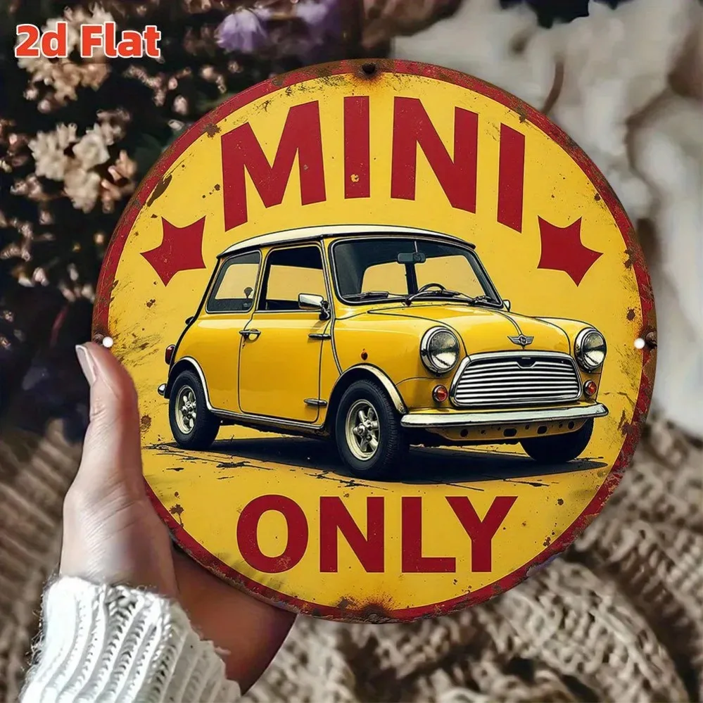 2D Flache Mini Runde Aluminium-Wandkunst - Vintage Auto-Emblem mit Roten Sternen, Wasserfeste Metalldekoration für die Garage