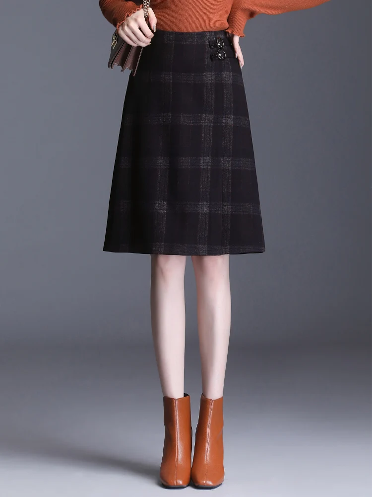 Splice Knee-Length Skirt Women 2022 New Fall Winter Lattice Woolen High Waist A-LINE Skirt S-3XL Size Office Lady Skirt 6617