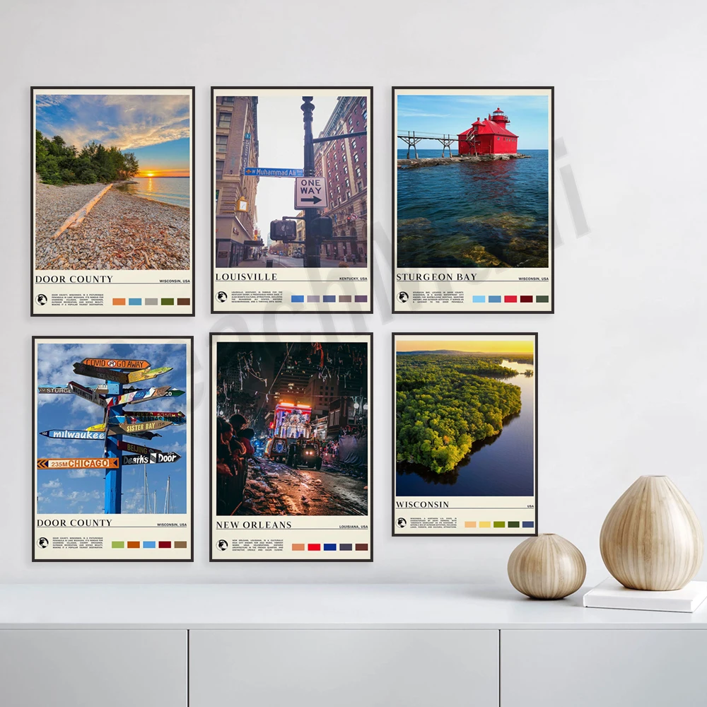 بريستول، خليج ستورجون، ويسكونسن، مقاطعة الباب، ميلووكي، لويسفيل، نبراسكا، مدينة ترافيرس، نيو أورليانز، ملصق السفر الأمريكي