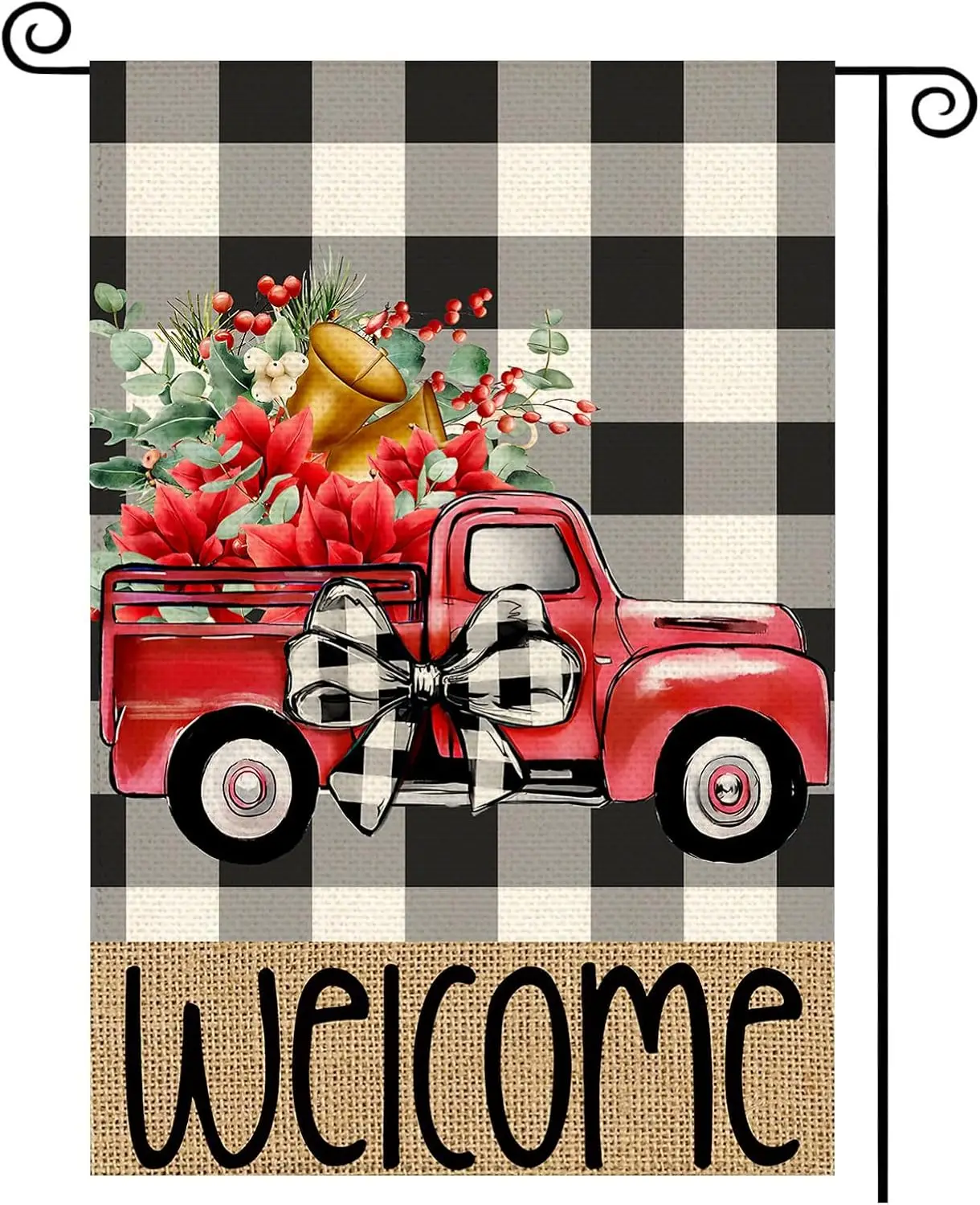 Christmas Truck Garden Flag 12x18 Inch Double Sided Outside Red Poinsettia Buffalo Plaid Flower Welcome Winter Holiday Yard Outd