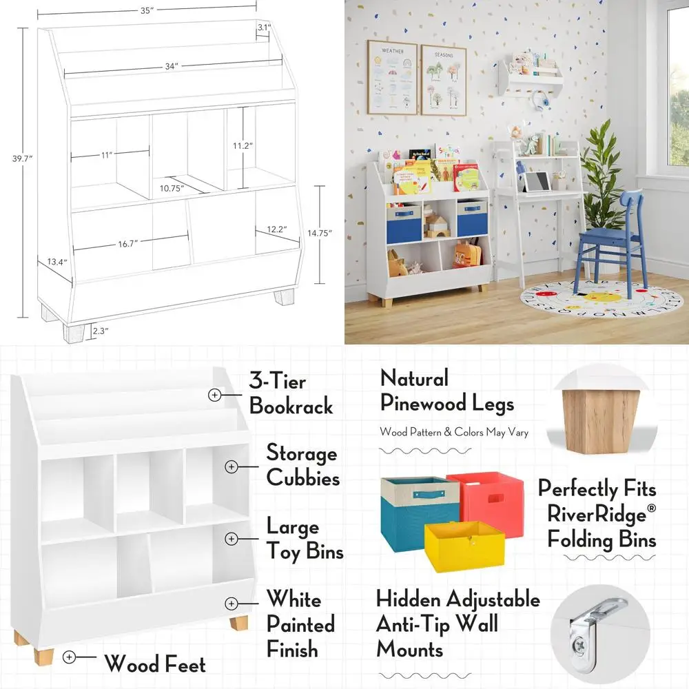 

35 деревянных органайзеров для детских игрушек с 3 кубиками, 2 контейнерами и книжной полкой для игровой комнаты