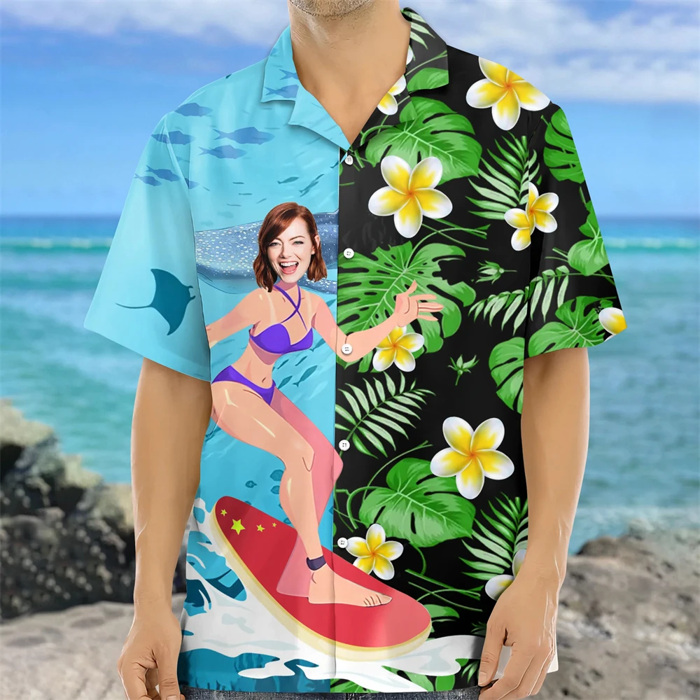 2026 Men Hawaiian Shirt 3D Surf Girl Print Short Sleeve Aloha Top Summer Beach Vacation Casual Plus Size Daily Streetwear Blouse