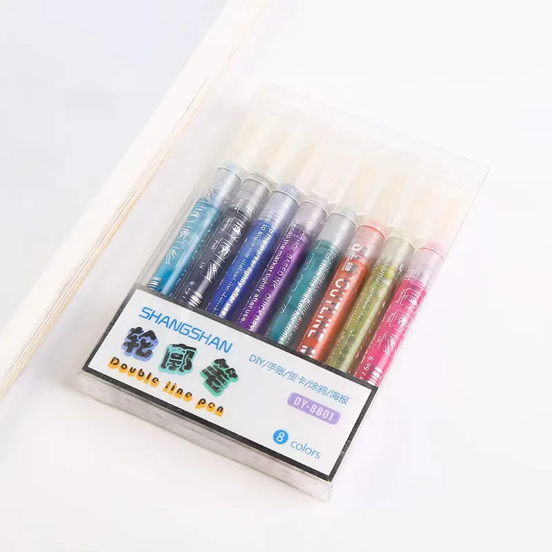 Double line hook pen 8 color 12 color set DIY highlighter hook pen student painting number pen 2 boxes mixed color