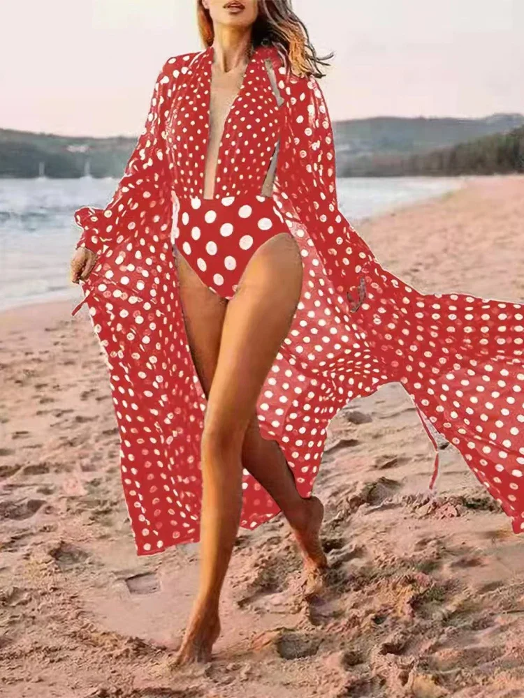 

Polka Dot Printed Women's Swimsuit One Piece 2024 Sexy Deep V-neck Bikini High Waisted Swimwear with Long Sleeves Cover Up Skirt