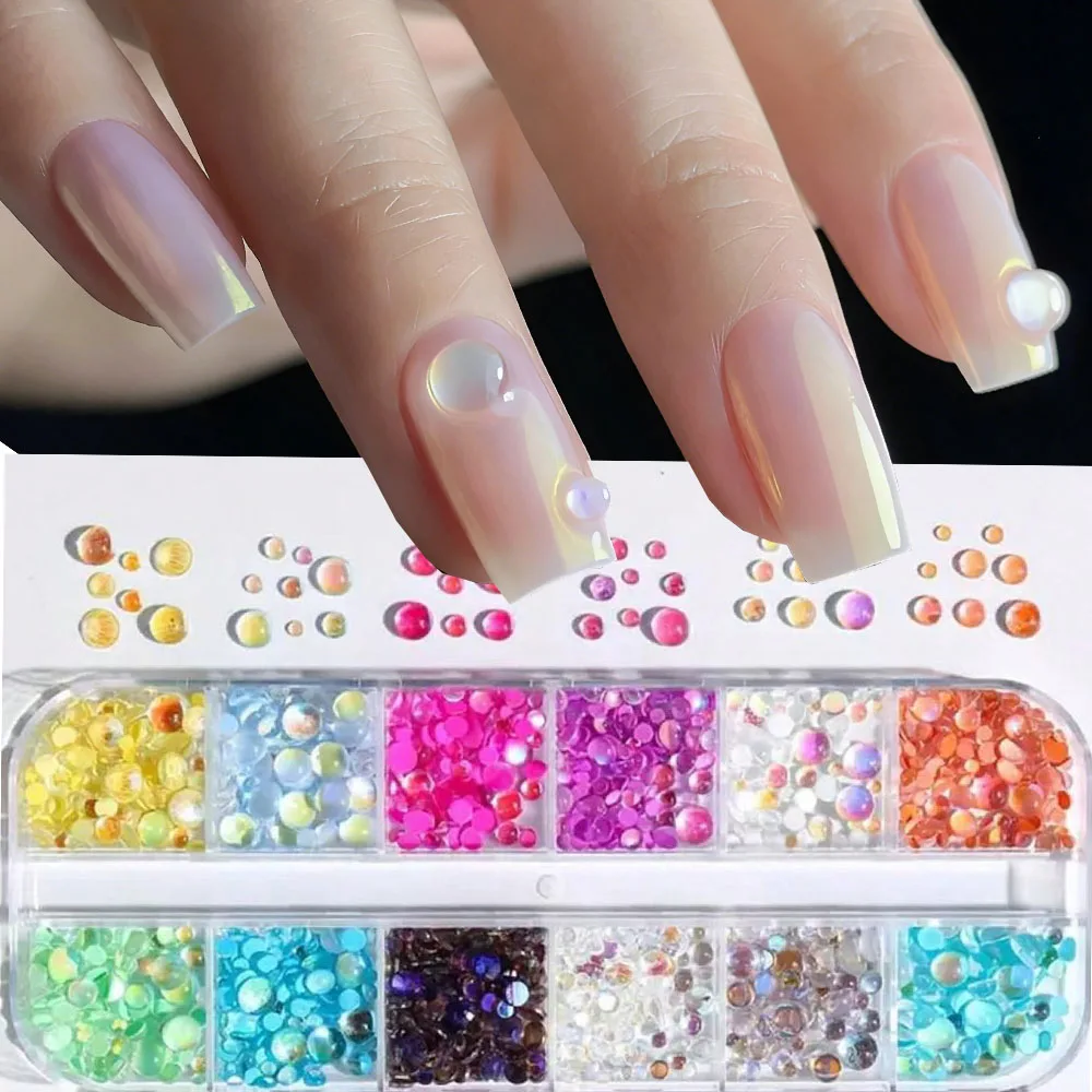 6/12Grids 3D Mixed Color Mermaid Bubble Beads Nail Art Charms Candy Color Flatback Transparent Caviar Nail Rhinestone Nail Gems