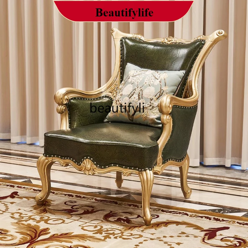 

G1218 Luxury Gold-Embossed Sofa European and American Solid Wood Genuine Leather Carved Top Layer Cowhide Furniture for Living