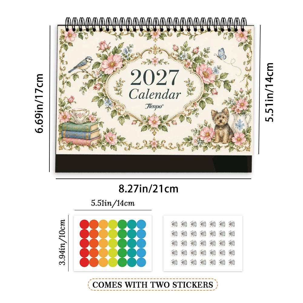 1pc/2pcs Customizable 2027 Calendar, ,Vintage Floral Personalized Table Calendar with Stickers, Birthday Christmas New Year Gift