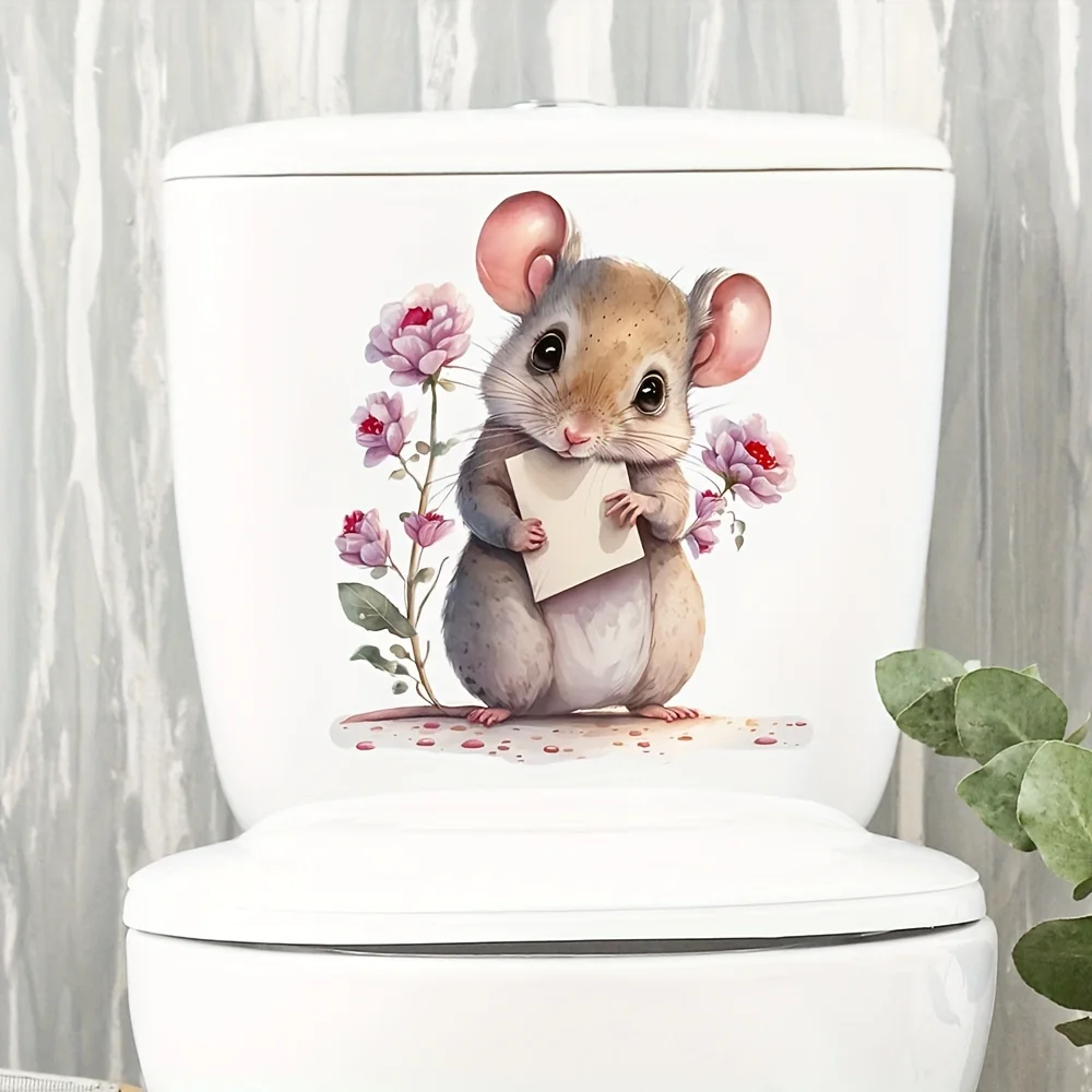 Mouse With Heart Flowers Wall Sticker Bathroom Toilet Decor Living Room Cabinet Refrigerator Home Decoration Decals M812