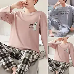 Loose Letter Warm pijamas Sets Men Thicken Sleepwear Korean Style O Neck Long Sleeve Homewear Pajamas Set Male pijama hombre