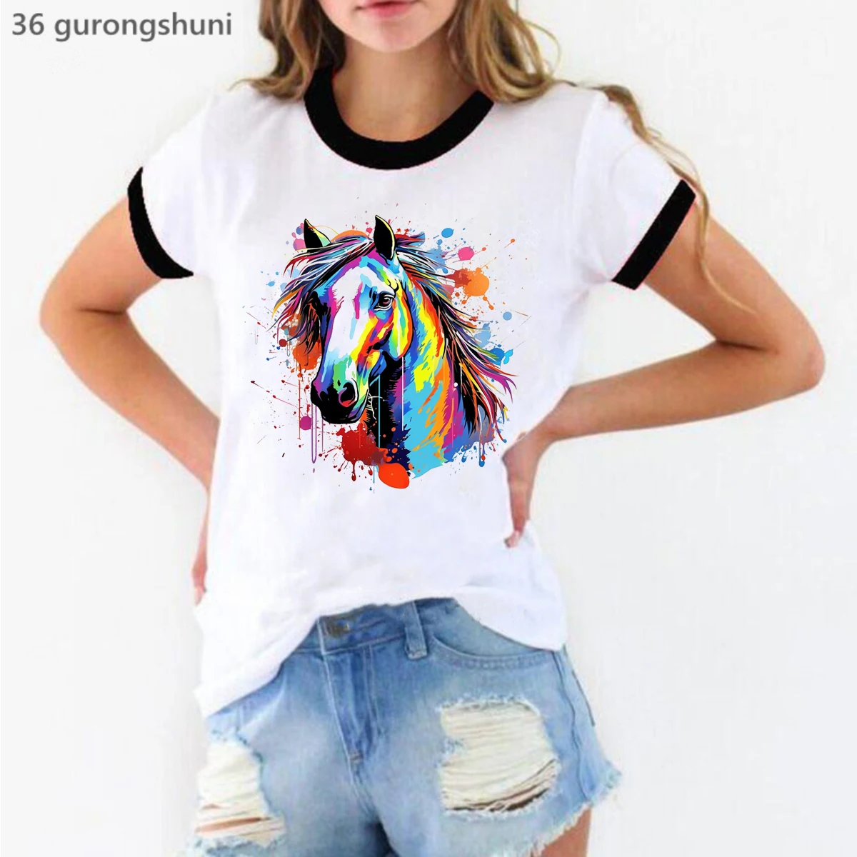 2024 New Women'S T-Shirt Funny Watercolor Horse Animal Print Tshirt Femme Fashion Harajuku Shirt Summer O-Neck Tshirt Tops