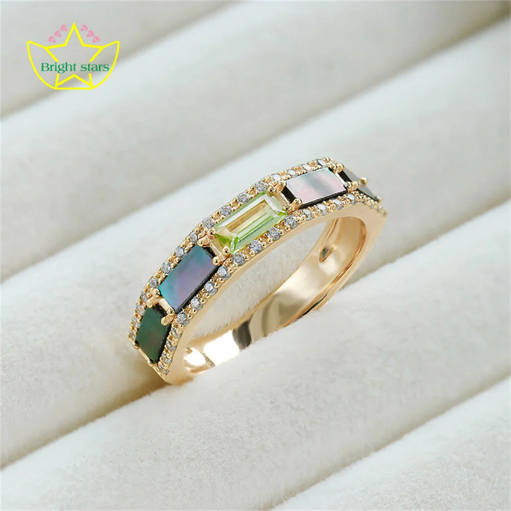 Bright Stars new design Japanese vintage style S925 silver plated 14k gold green olive black shell rings