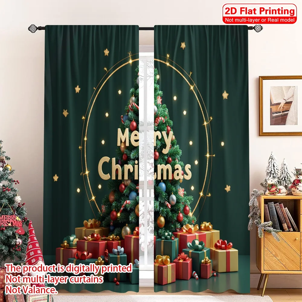 

2pcs 2D flat printing Christmas Curtain Merry Christmas Ornament Gift 100% Polyester Fabric Without Electricity Family Party for
