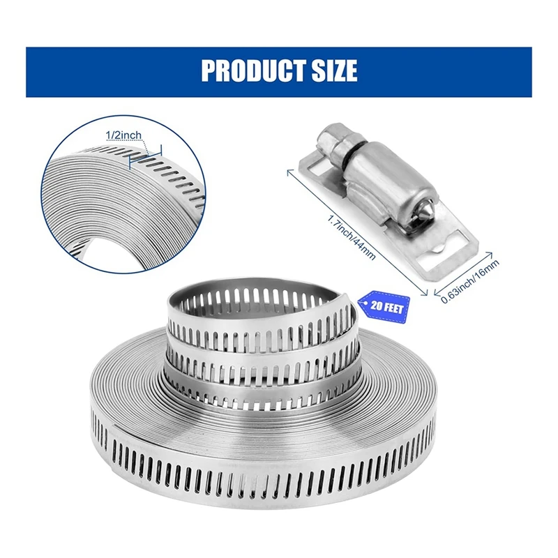 Imagem -06 - Braçadeiras de Mangueira de Correia de Metal 20 Fixadores Faça Você Mesmo Cut-to-fit Ajustável Verme Grande Fácil de Usar 20ft Aço Inoxidável