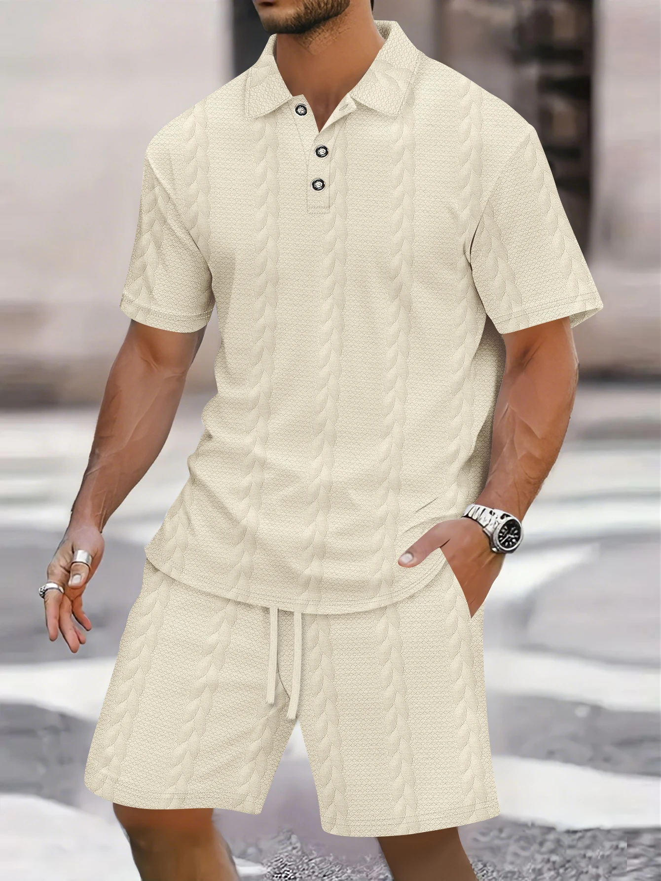 Bild 4: 2026 Sommer Herren Einfarbiges Jacquard Revers Knopfleiste Kurzarm & Shorts 2-teiliges Sportanzug-Set