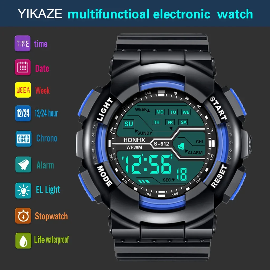 YIKAZE Men's Sports Watch Outdoor Multifunction Man Sport Watch Waterproof Luminous Male Digital Clock Electronic Wristwatch