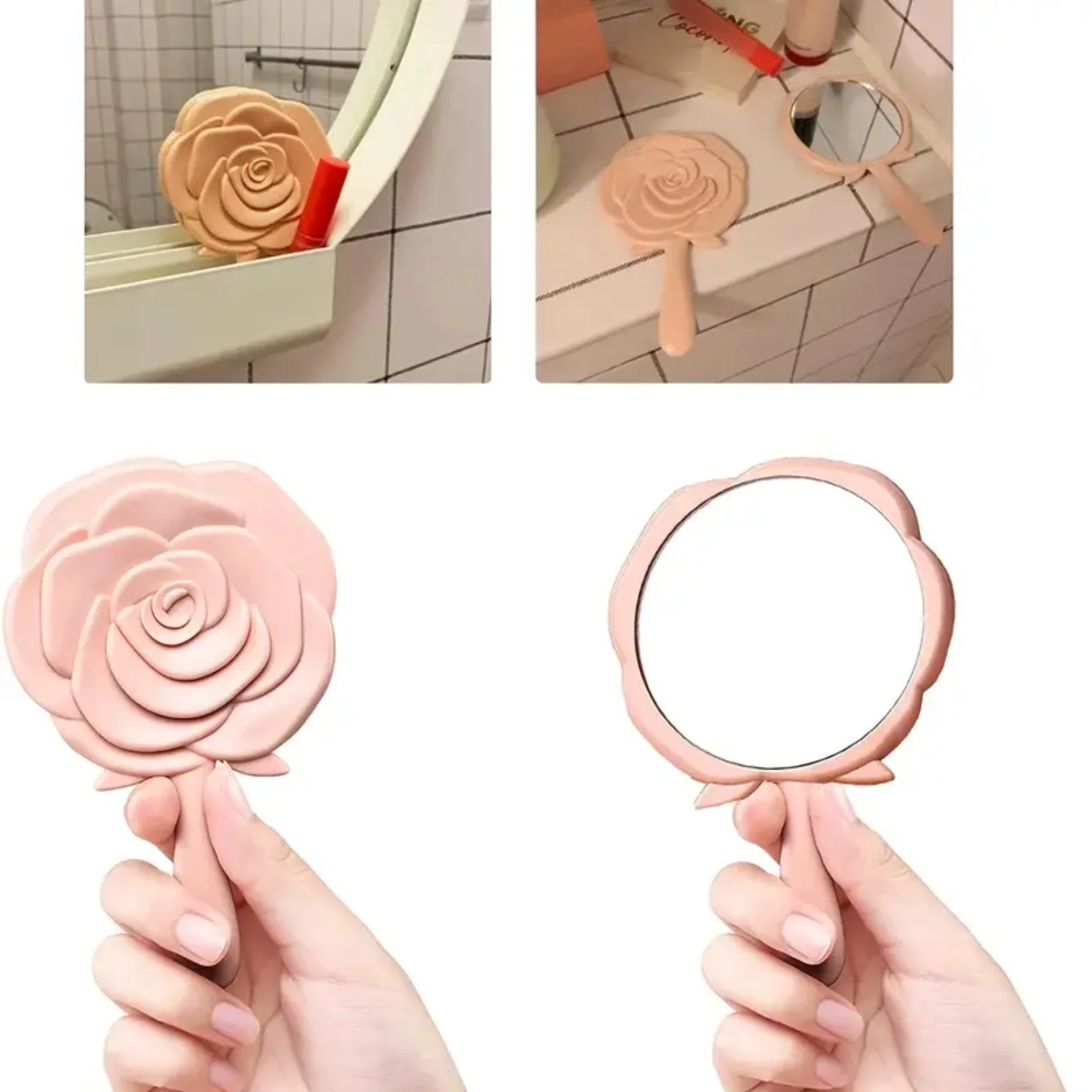 Cute Oval Rose Handheld Makeup Mirror with Handle - Creative Handheld Beauty Mirror for Makeup Vanity