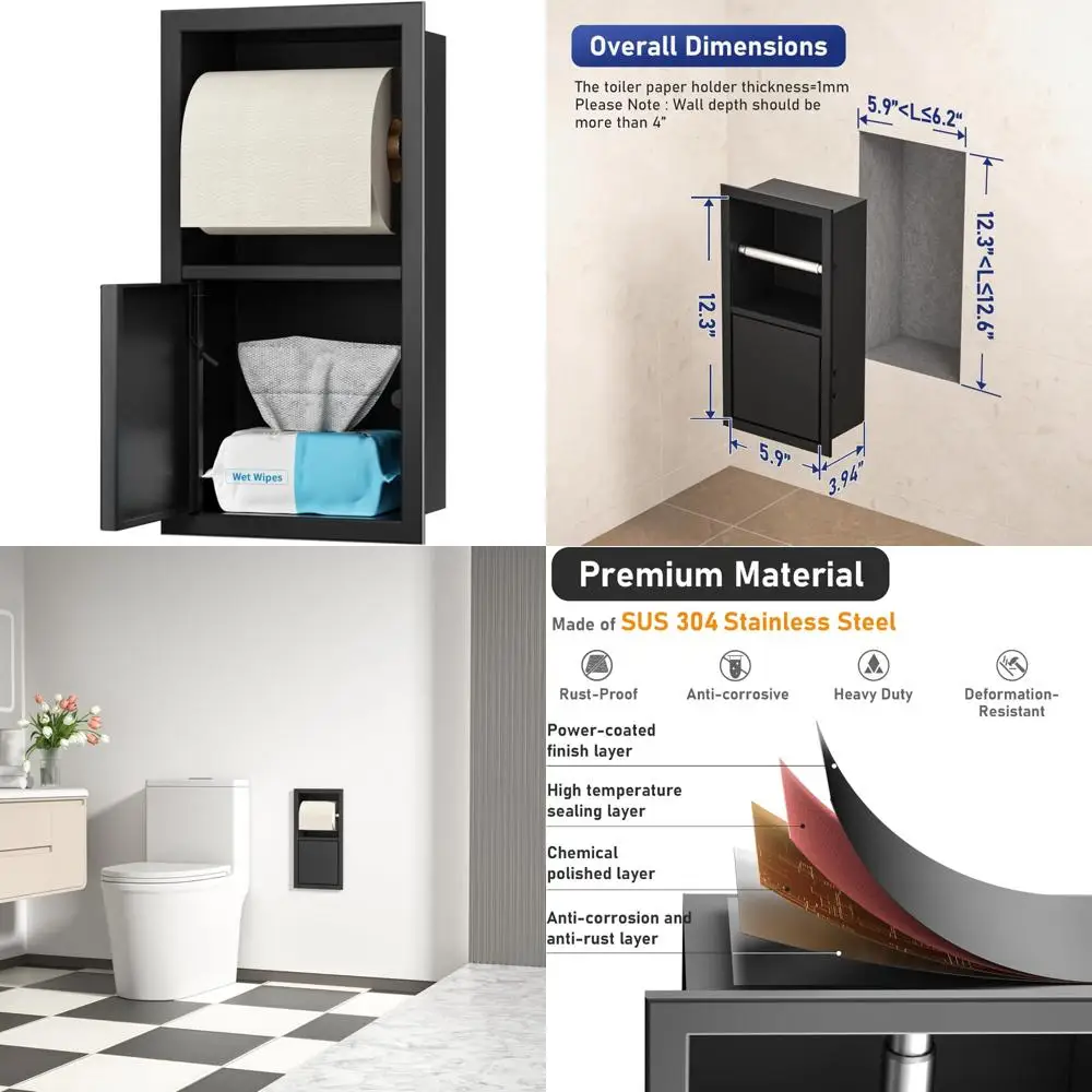 

In-Wall Recessed Toilet Paper and Tampon Storage Holder, Matte Black Finish for Modern Bathroom Decor