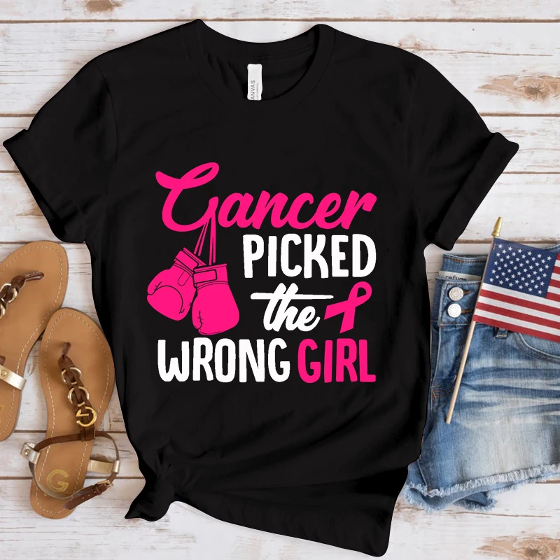 Women Men Funny Breast Cancer Awareness Cancer Picked The Wrong Girl Printed T-Shirt Summer Short Sleeved Tops