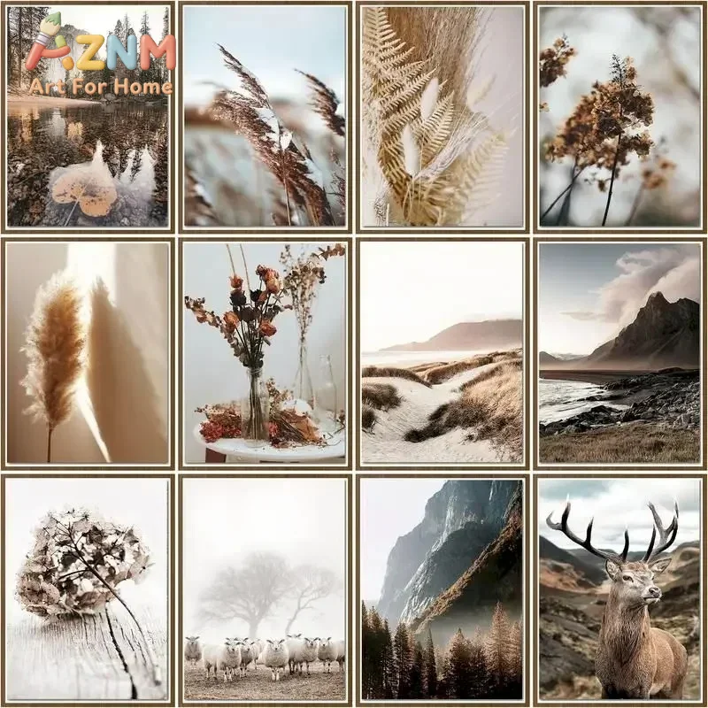 AZNM Neutral Wilderness Canvas Wall Art Pampas Grass Mountain Deer Dried Flower Nature Scenery Picture Unframed Canvas Home Deco