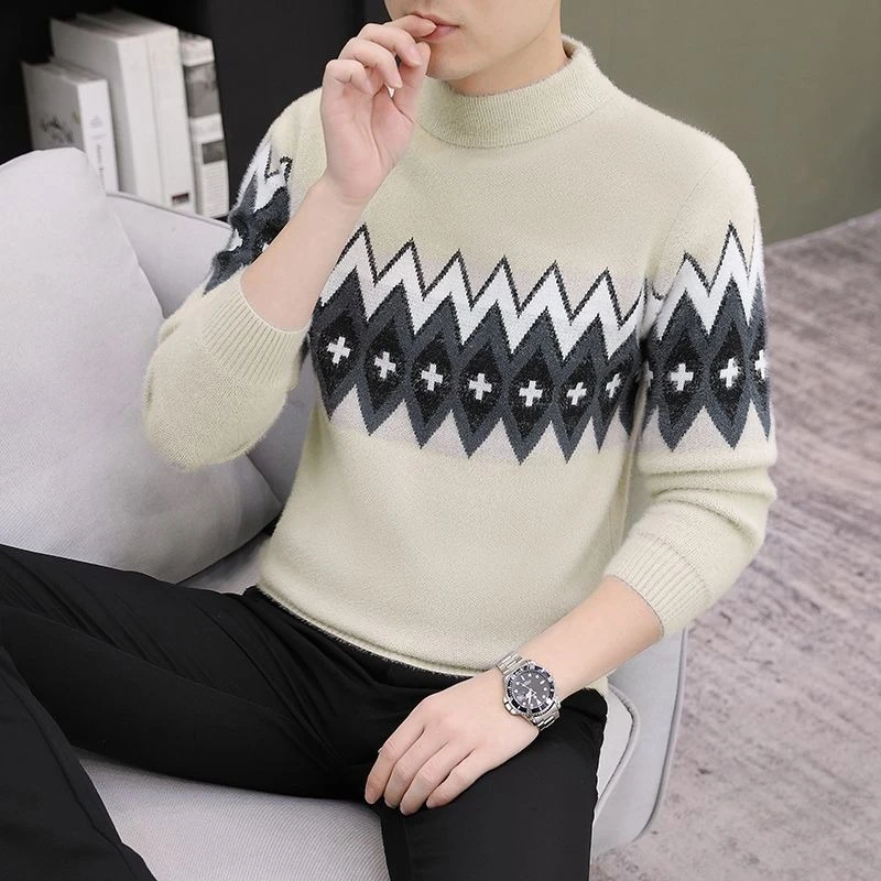 Mink-like Knit Pullover for Young Men Autumn Winter Warm Pilling Resistant Versatile Printed Half High Neck Base Top Sweater
