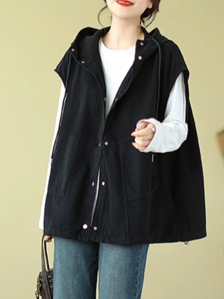 Retro Minimalist Cotton Hooded Vest Women's Loose Outerwear Autumn Season Sleeveless Top Casual Style Home Comfort Wear