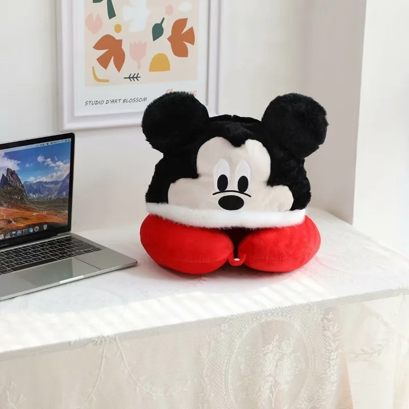 Disney Mickey Mouse Minnie Mouse U-shaped Neck Pillow Anime Cartoon Cute Plush Doll Travel Portable Office Nap Hooded Pillows